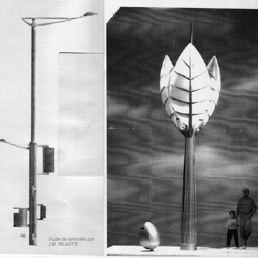 À gauche : étude de luminaire par J.M. Wilmotte. À droite : projet de luminaire par Jourda et Perraudin en 1991